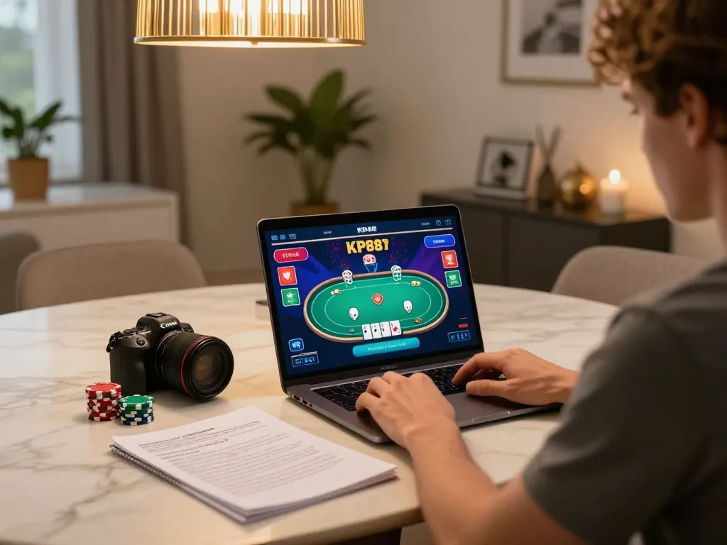 Engage in online gambling at KP88 through a cozy home setup with strategic notes and vibrant game displays.