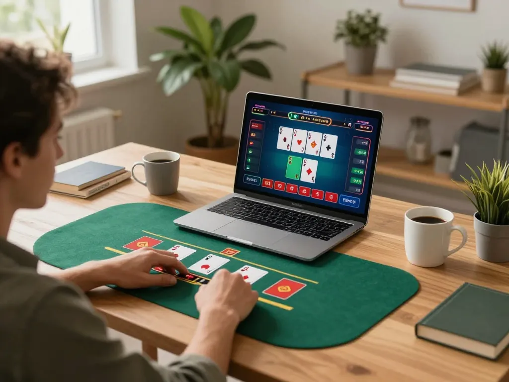 Engaging in TT88 online blackjack game on laptop with vibrant interface and planning strategy.