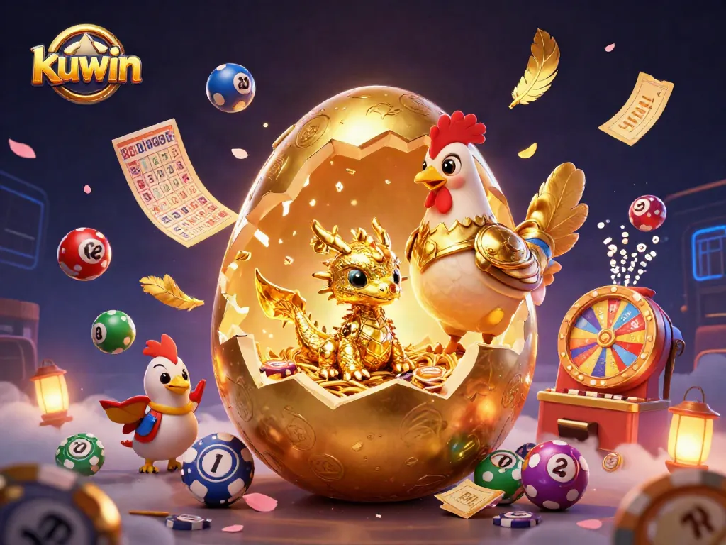 Win big at kuwin with a golden dragon guarding a nest of poker chips amidst vibrant casino elements.