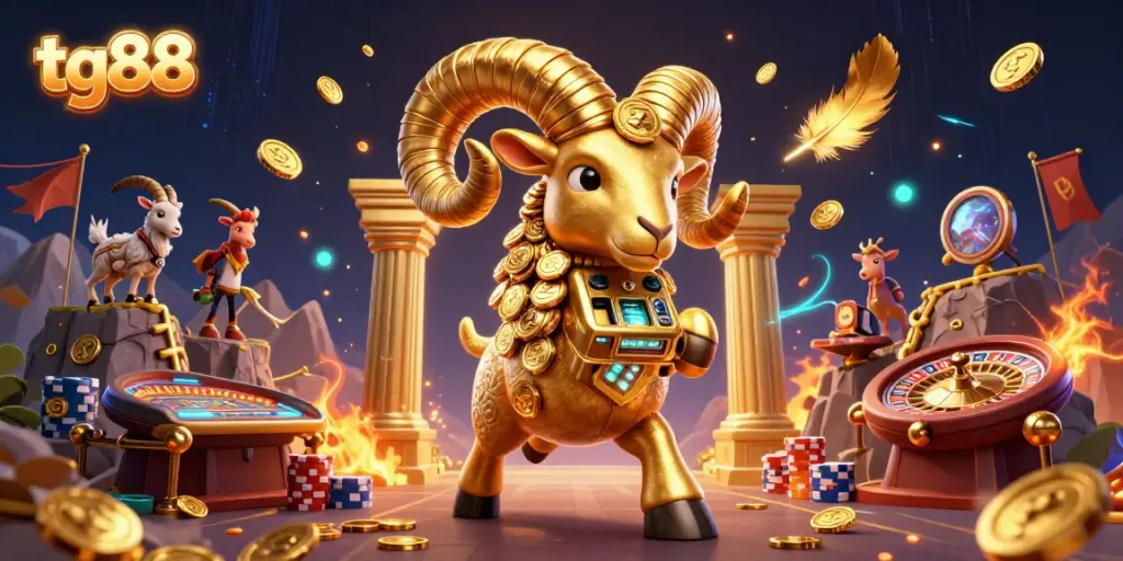Experience excitement with tg88's dynamic casino scene featuring a golden ram charging through a vibrant live gaming atmosphere.
