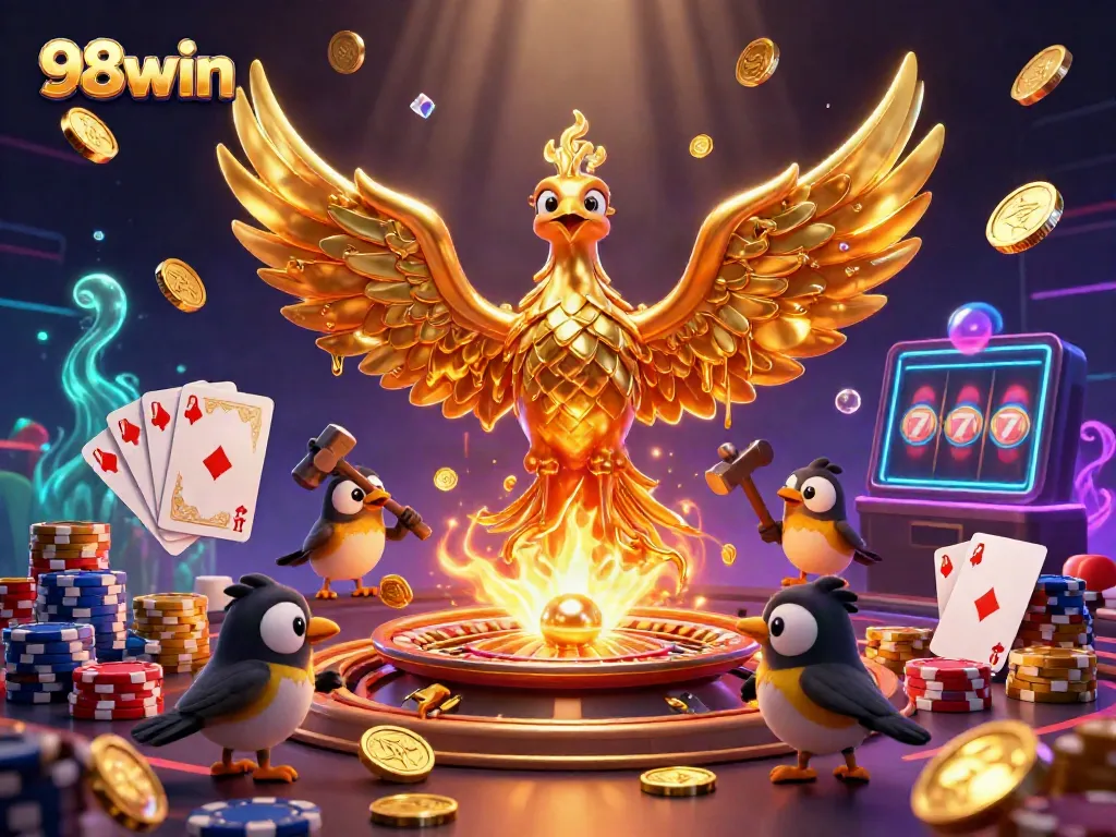 Experience thrilling gameplay and adventure with 98win's vibrant casino atmosphere, featuring gold coins, cards, and roulette.