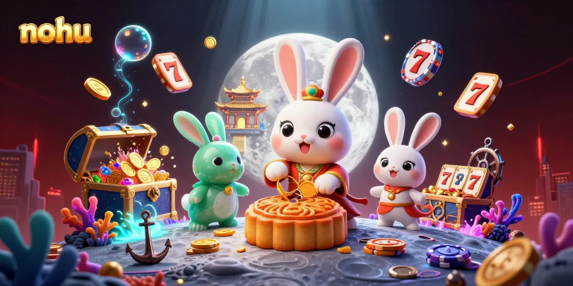 Nohu players celebrate with golden mooncakes revealing poker chips in a vibrant online casino scene.