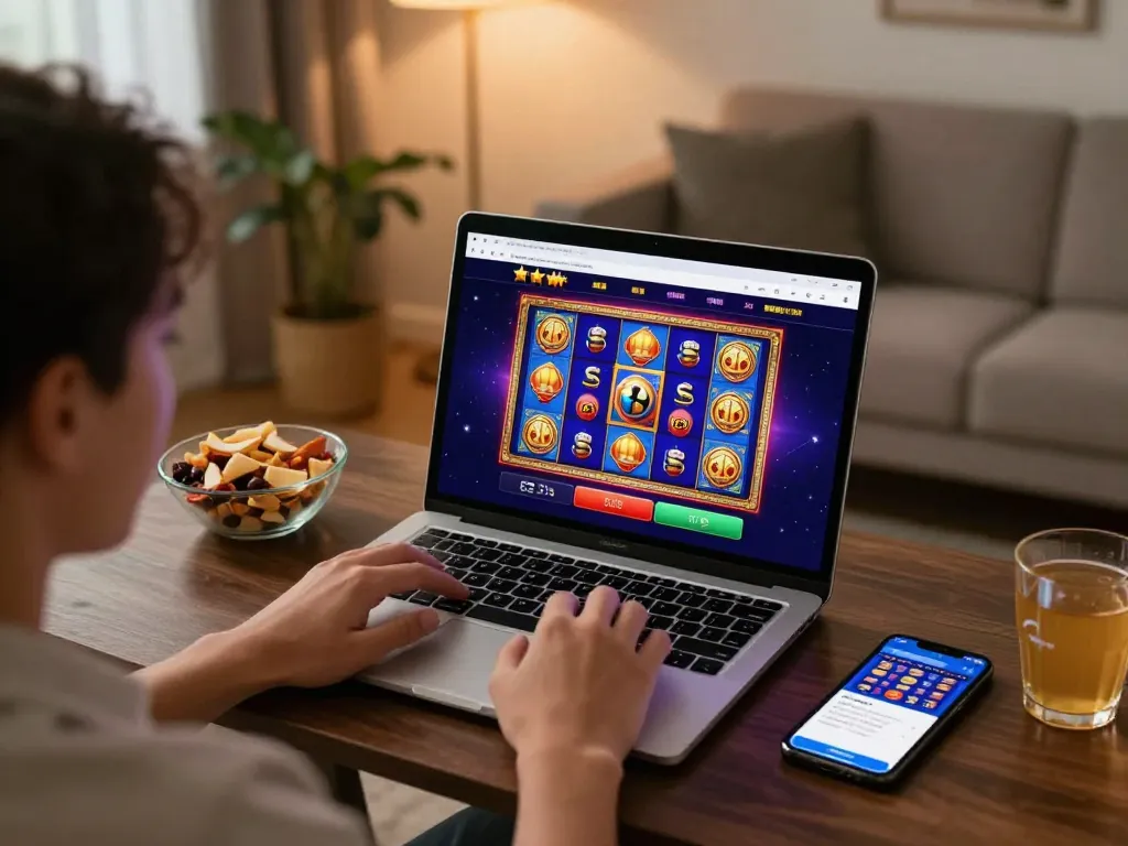 Player enjoying an online slot game on trang chủ fly88 with cozy home setup, focusing on responsible entertainment and fun.