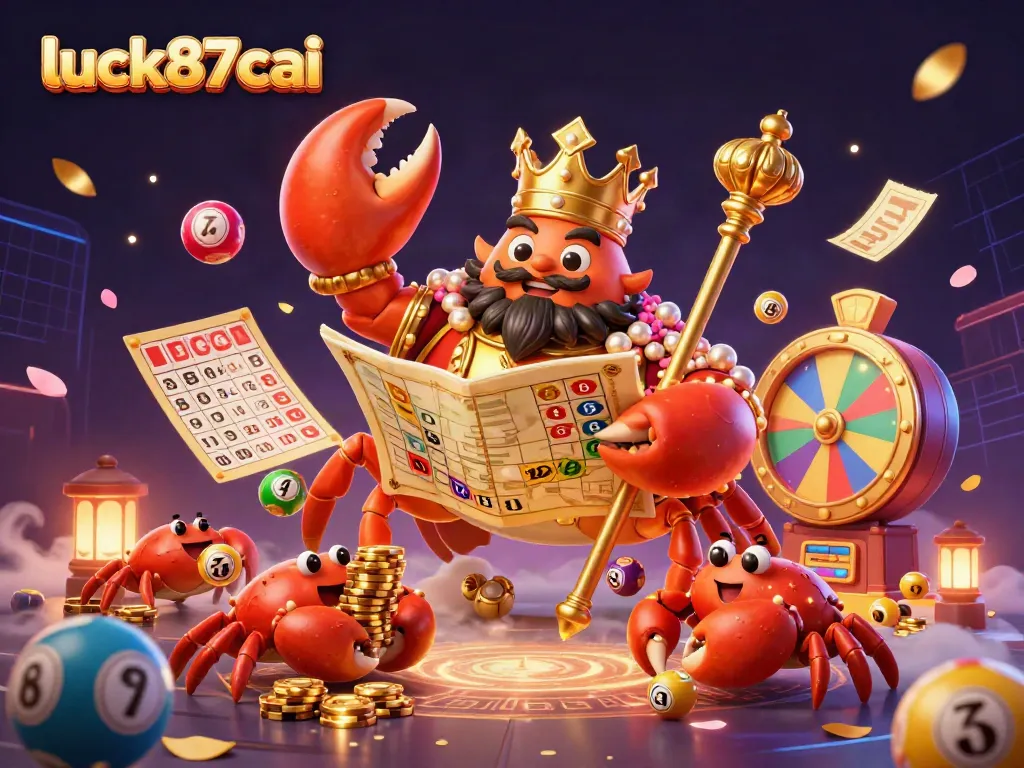Experience excitement with luck87cai as colorful lottery elements and a golden crab emperor create a thrilling casino scene.
