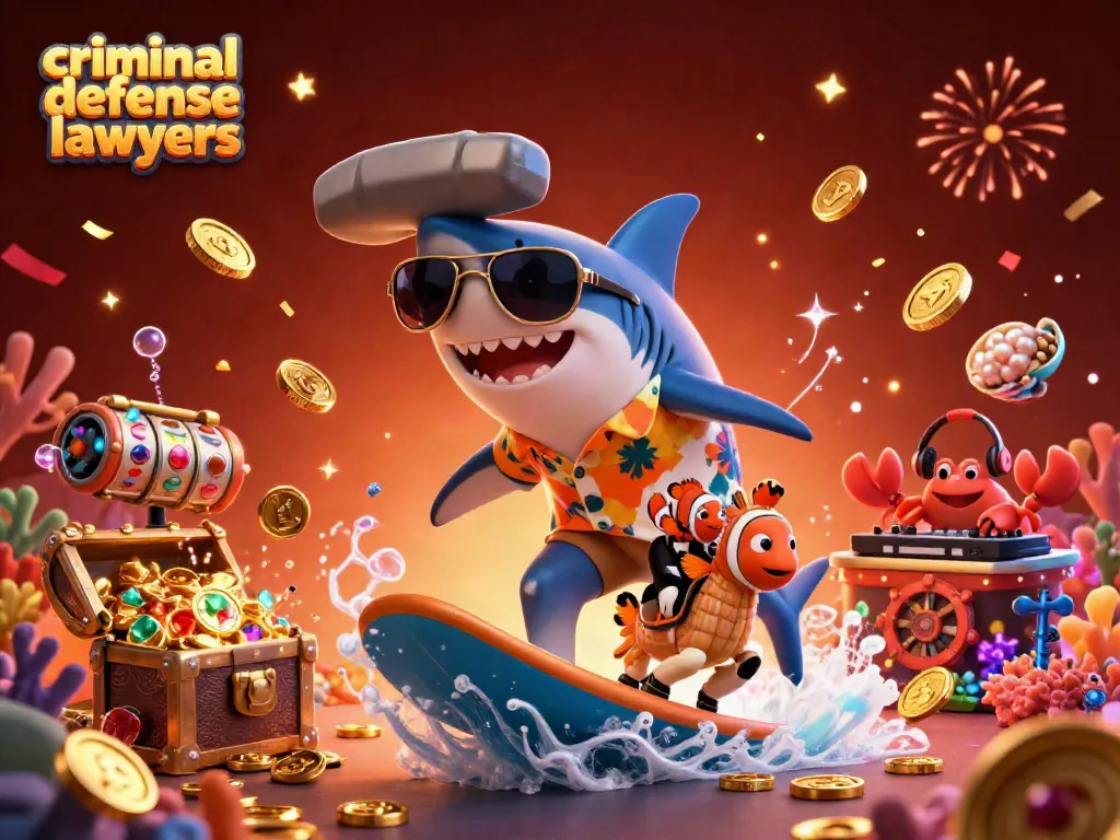 criminal defense lawyers celebrating big wins with playful sea creatures in a vibrant underwater casino scene