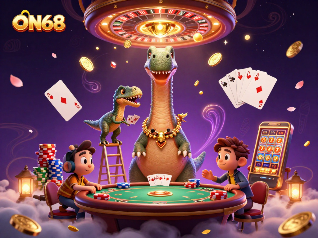 Experience ON68 gaming thrills with a brontosaurus at a vibrant casino table.