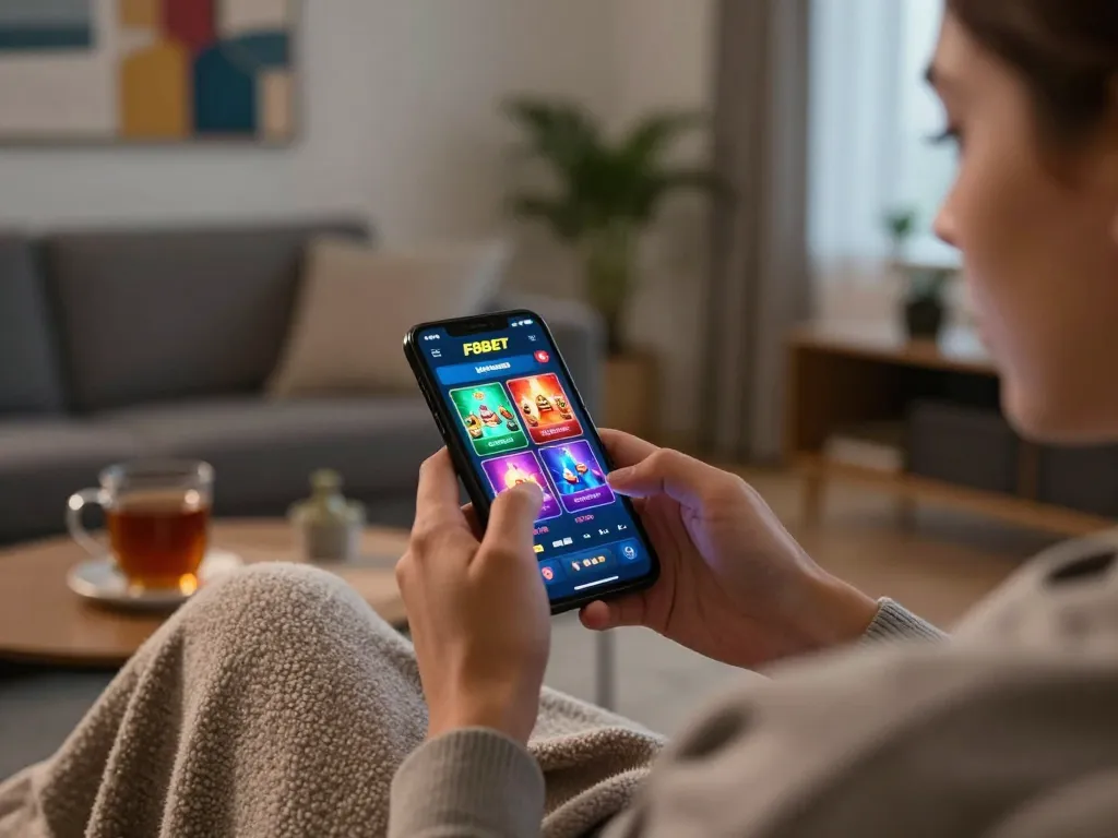 Play F8BET casino games on mobile device in cozy living room setting