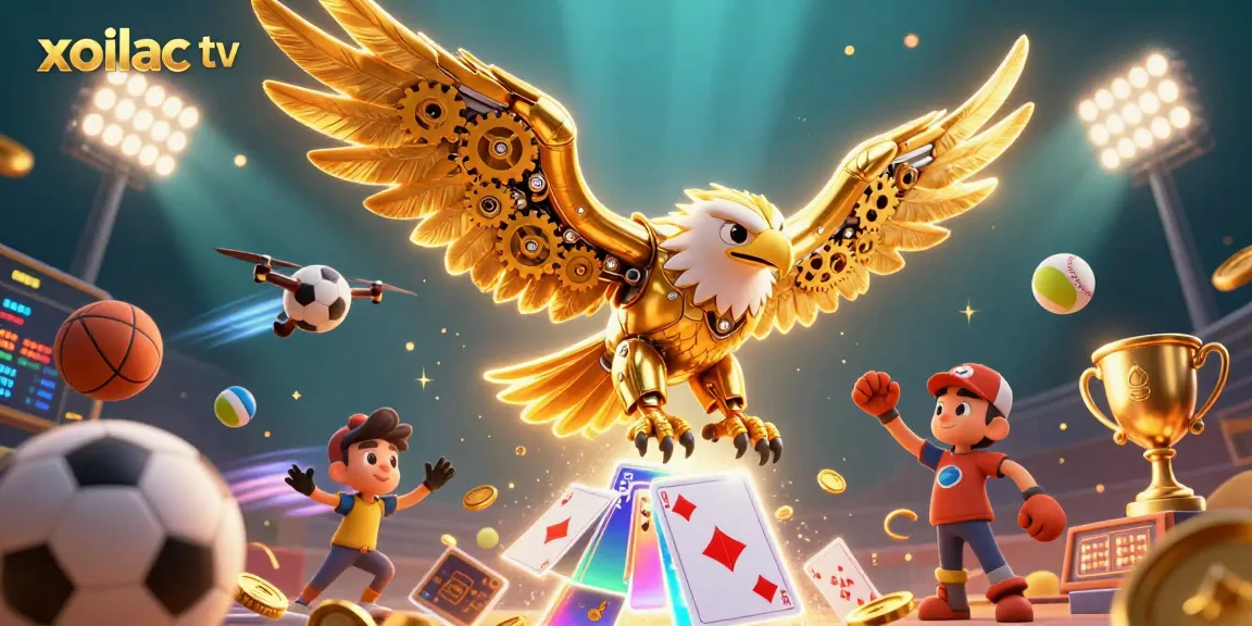 Xoilac TV showcases a dynamic gambling scene with a cybernetic eagle surrounded by vibrant sports elements and rich detail.