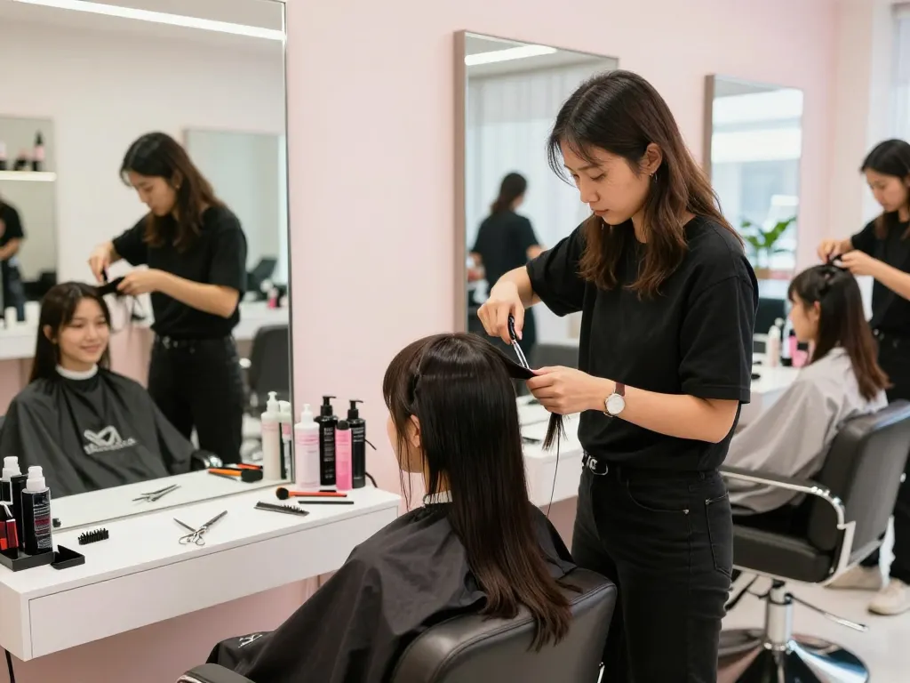 Hairdresser near me providing a haircut in a vibrant salon setting