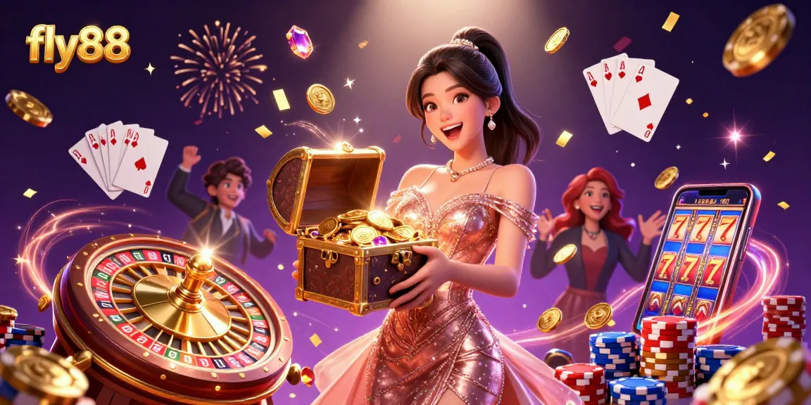 Experience thrilling wins at fly88 with a glamorous casino scene full of golden treasures and games.