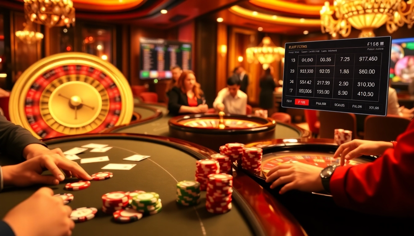 Experience the excitement of F168 with thrilling casino tables and vibrant gaming elements.
