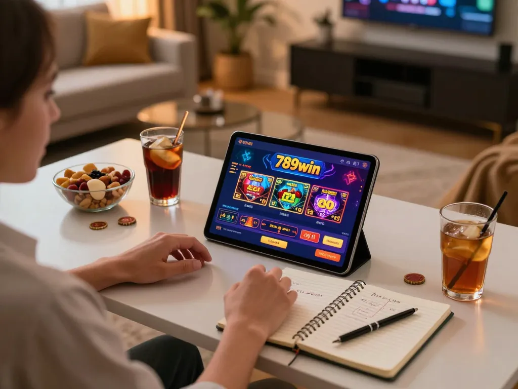Player exploring 789win online casino on tablet with cozy home setup and game strategies.