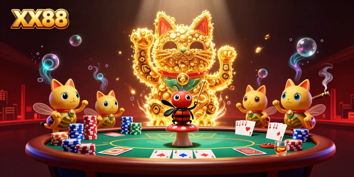 Experience the excitement of XX88 with a vibrant casino scene showcasing a lucky cat symbol surrounded by poker elements.