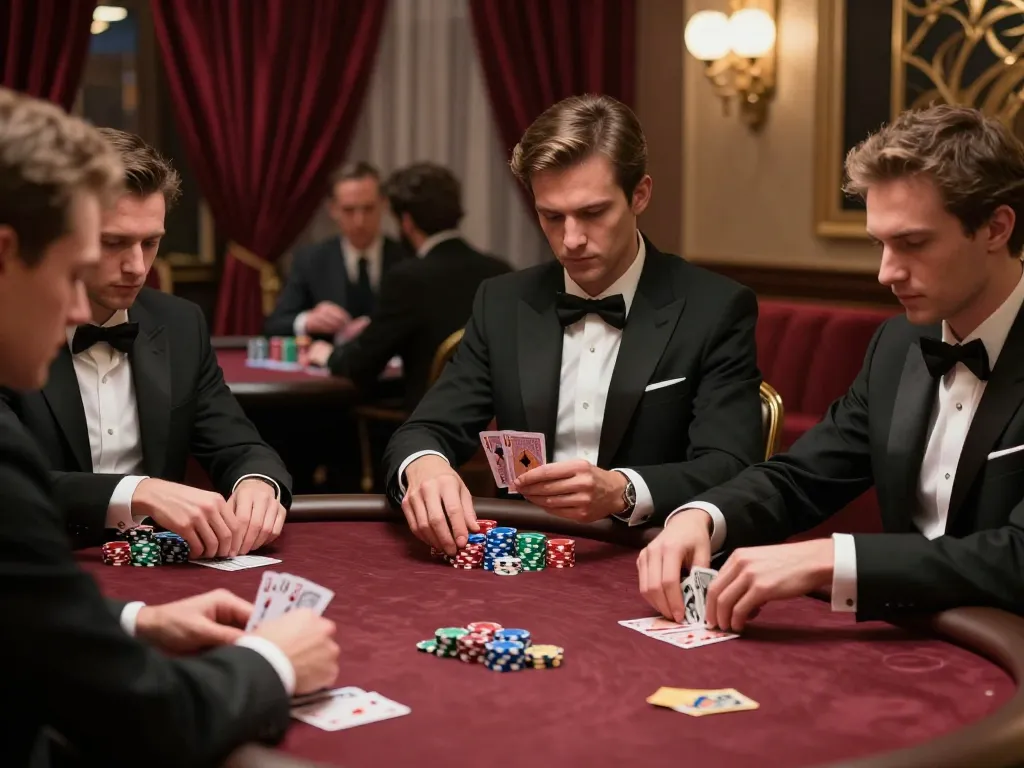 RR88 players strategizing during an intense poker game in a luxurious casino.