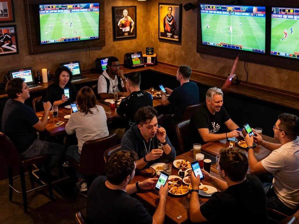 Sports bettors engaging with nhandinhkeonhacai app on their devices, cheering for live games