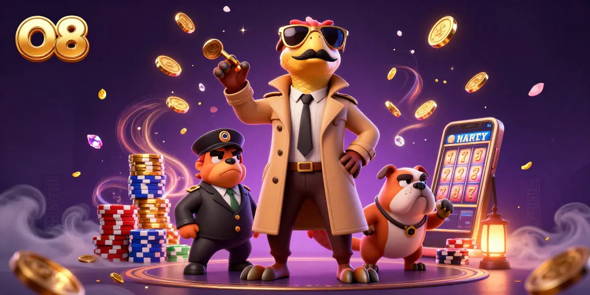 Join the excitement of playing at O8 casino with dazzling golden coins and a colorful poker scene.
