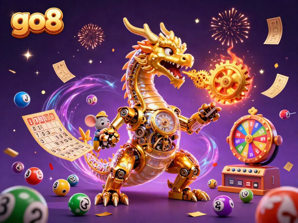 Engage in exciting casino activities with go8, featuring a golden dragon and colorful lottery themes.