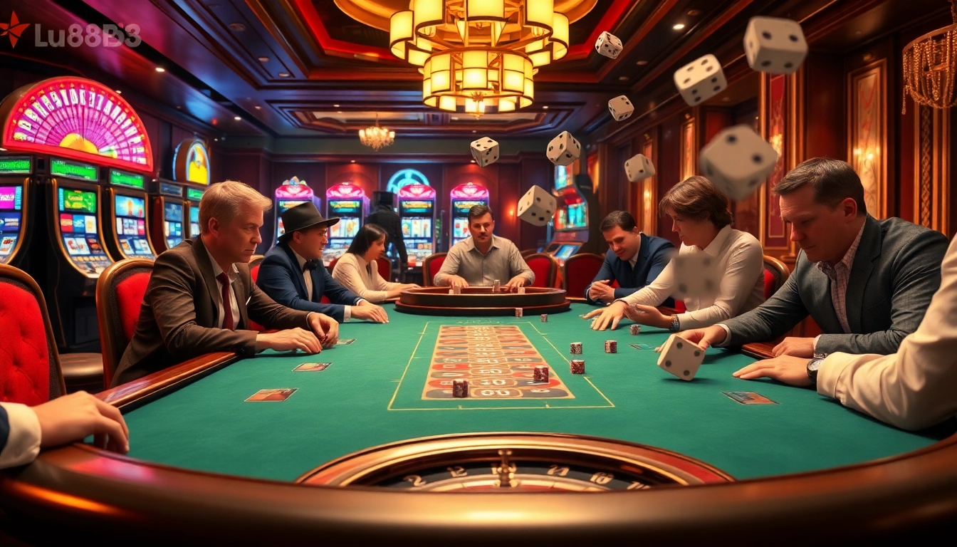 Players enjoying a thrilling poker game at https://lu88bb.com/ with vibrant casino elements around.