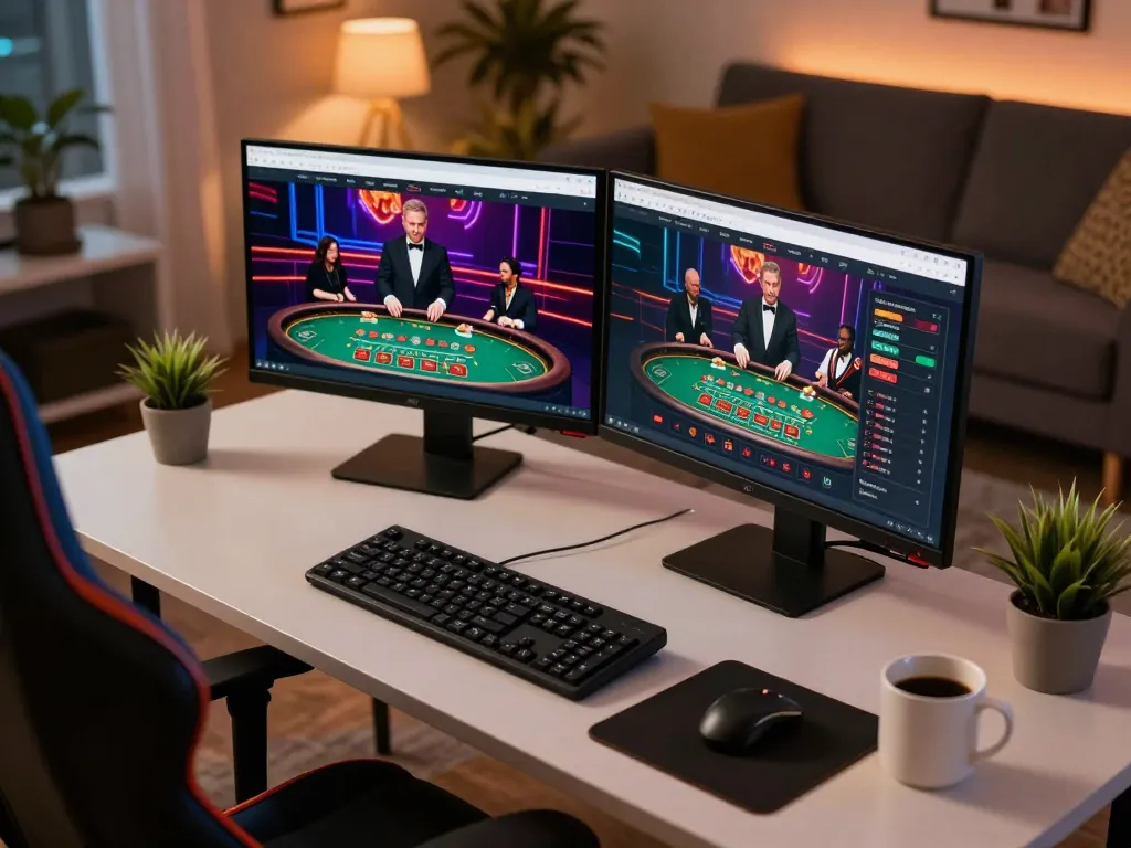 Au88 online players engaging with live dealer blackjack game on stylish gaming setup, capturing strategic gameplay.