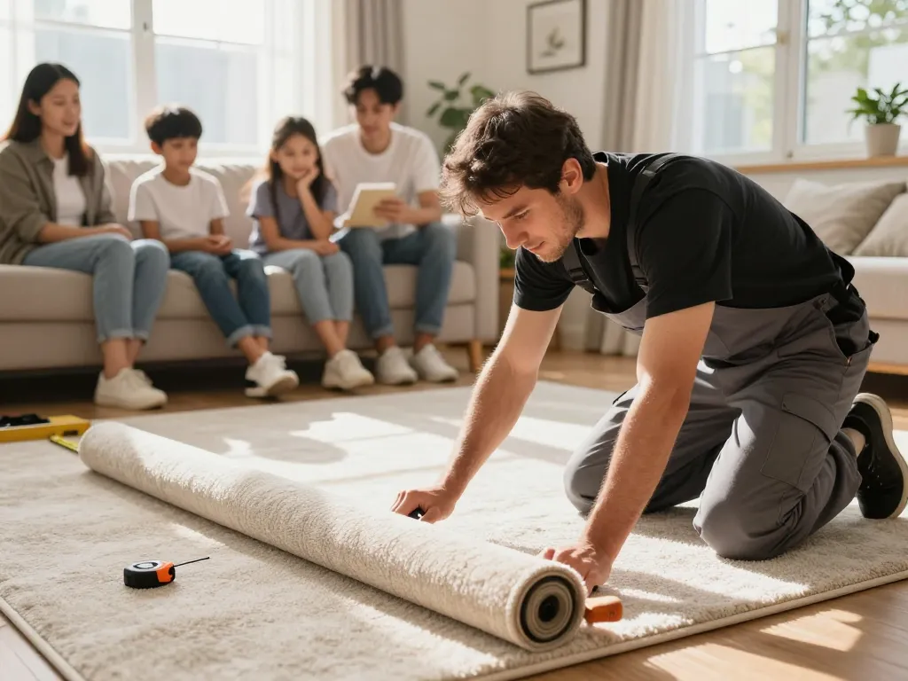 Residential carpet installation in a family living room with an installer and warm home atmosphere.