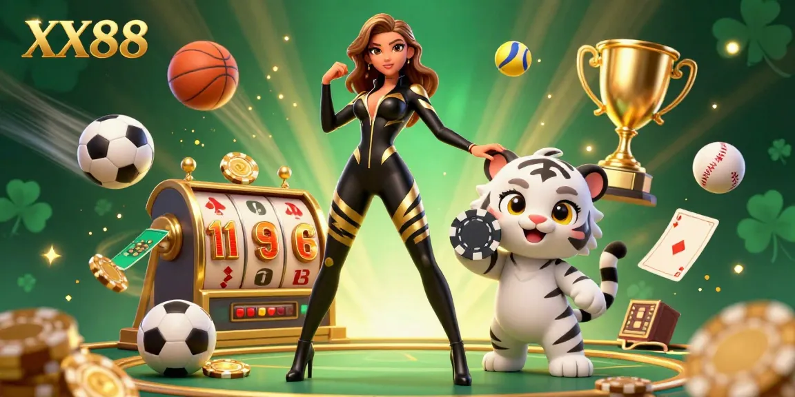 Engage with exciting casino thrills at XX88 with vibrant 3D illustration of dynamic games and characters.