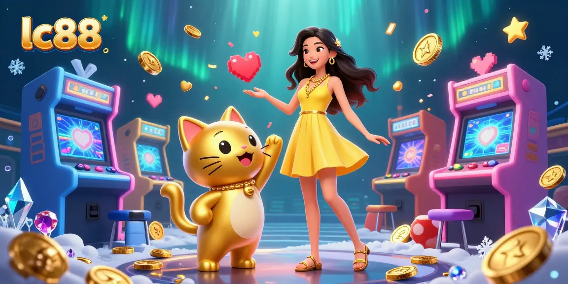 Experience luck with lc88 as Asian woman interacts joyfully with golden cat amidst casino vibes.