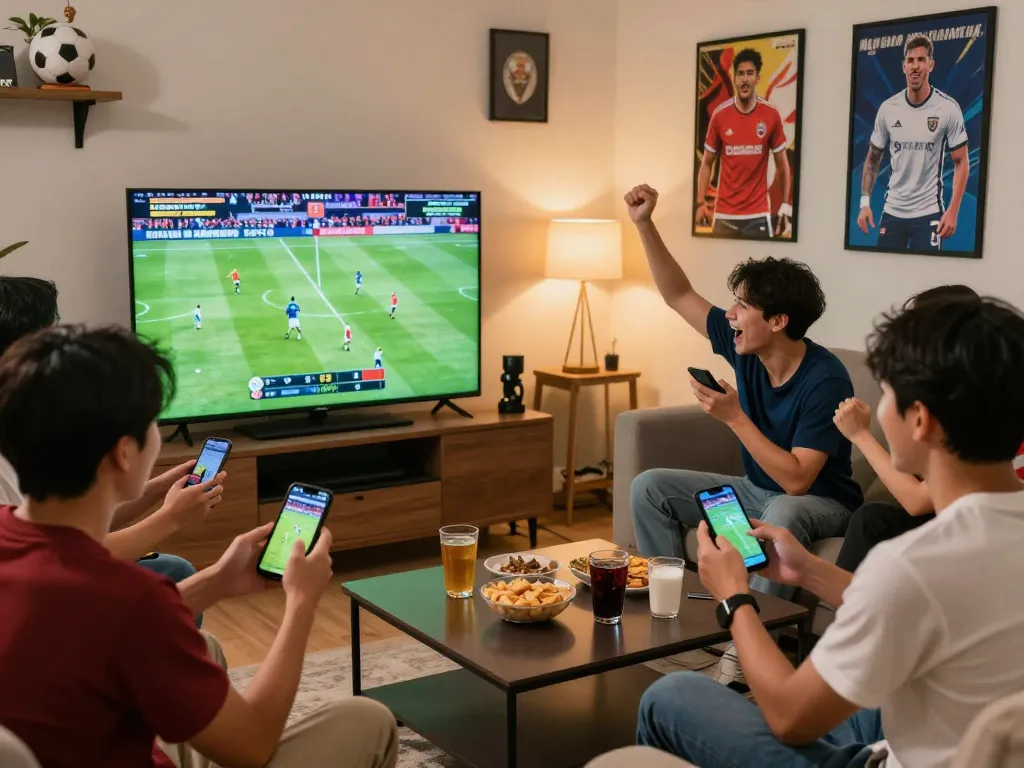 Excited friends watching kèo nhà cái hôm nay during a live football match in a cozy living room.