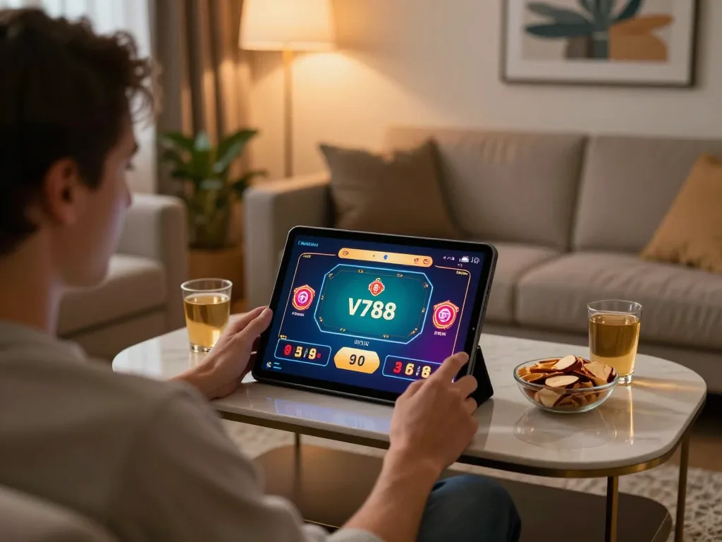 Play V788 casino games on a tablet in a cozy living room with warm lighting.