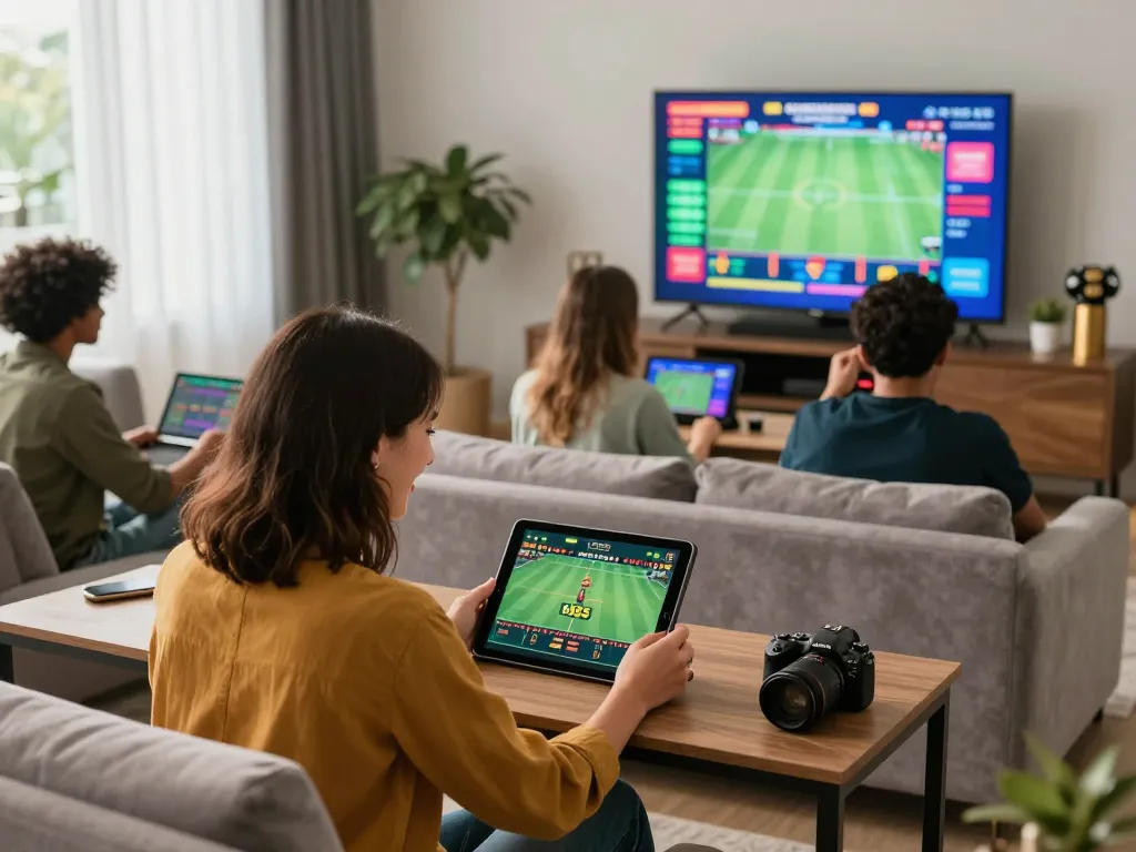 Young woman celebrating a win on bl555 platform in a lively home setting.