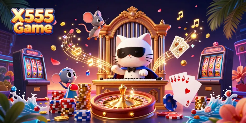 X555 Game showcases an exciting online casino atmosphere filled with lively characters and vibrant gaming elements.