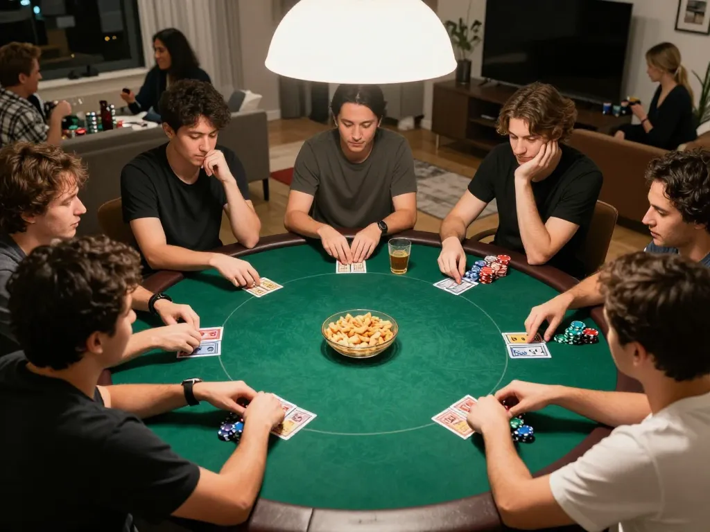 Players engage in a thrilling poker game at home, showcasing bsport's competitive edge and strategy.