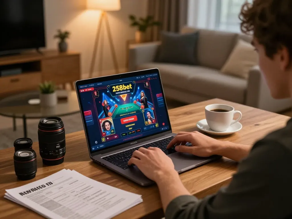 Engaging scene of a player strategizing on 258bet's online casino platform.
