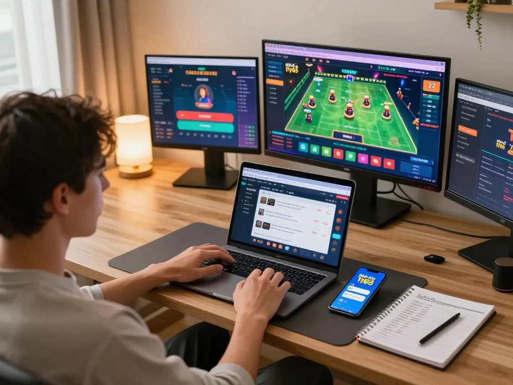 Engaging online betting experience with nhà cái fly88 interface on laptop and smartphone in a cozy setup.
