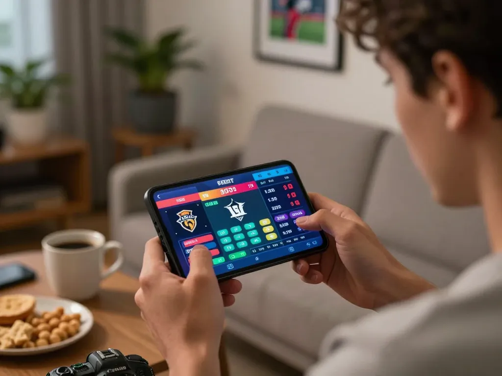 Engaged user placing bets on 999bet app on tablet during thrilling sports event.