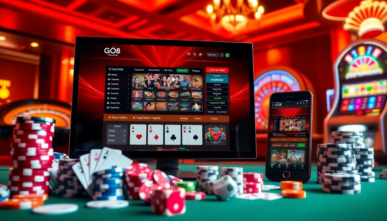 Engaging scene of GO8 TRANG CHỦ with a stylish online gambling interface, poker chips, and roulette wheel.