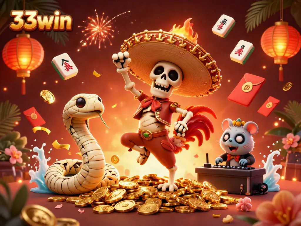 Celebrate wins at 33win with vibrant 3D casino characters and festive elements!