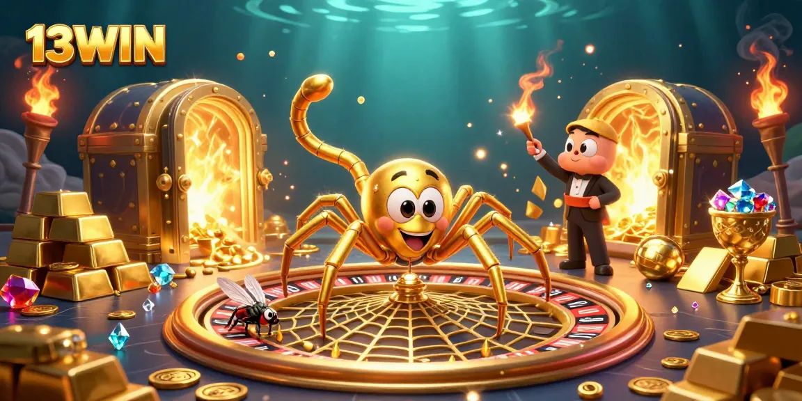 Engage with 13WIN's thrilling roulette scene, where a golden spider spins bets and treasures abound!