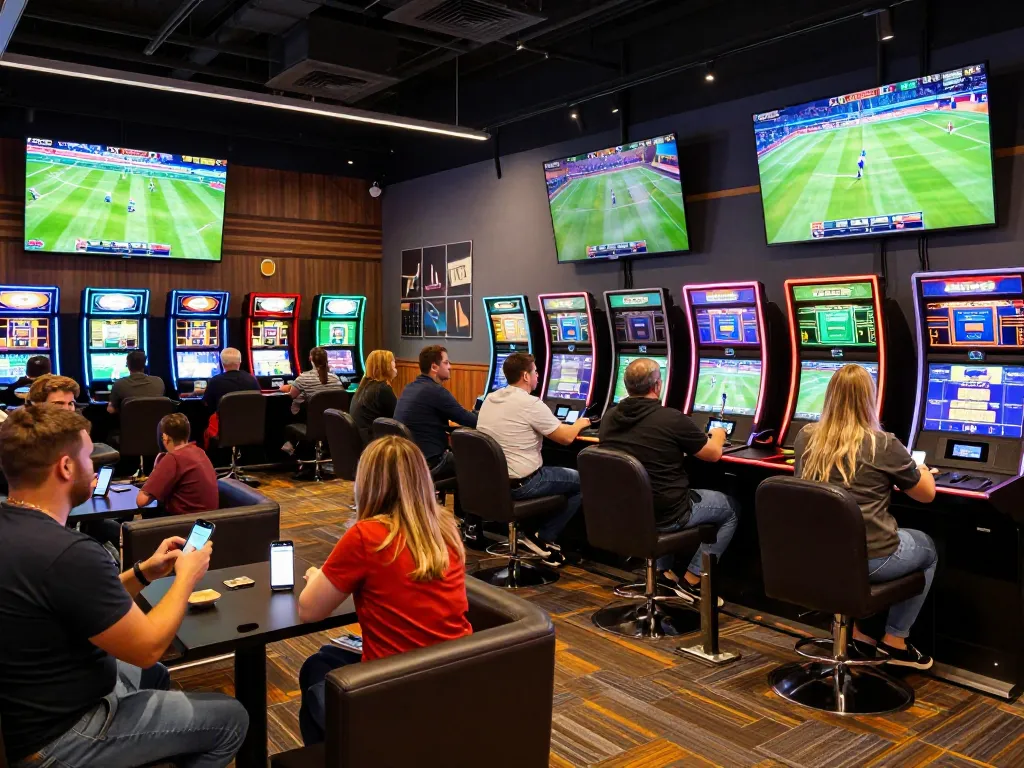 Engaged bettors experiencing thrilling moments at Thể thao TG88 in a vibrant sports lounge.