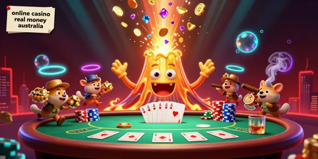 Explore vibrant gaming action at online casino real money australia with a triumphant golden volcano and dynamic poker elements.