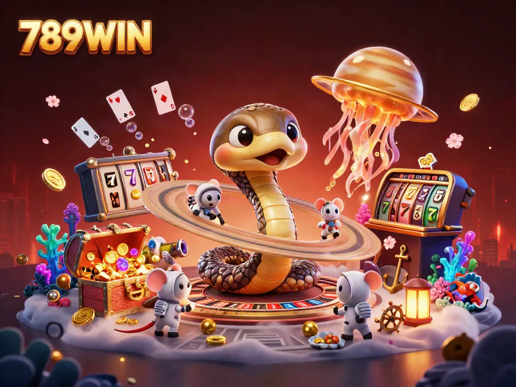 Experience the thrilling casino atmosphere of 789WIN with vibrant slot reels and cartoon characters interacting in a cosmic setting.