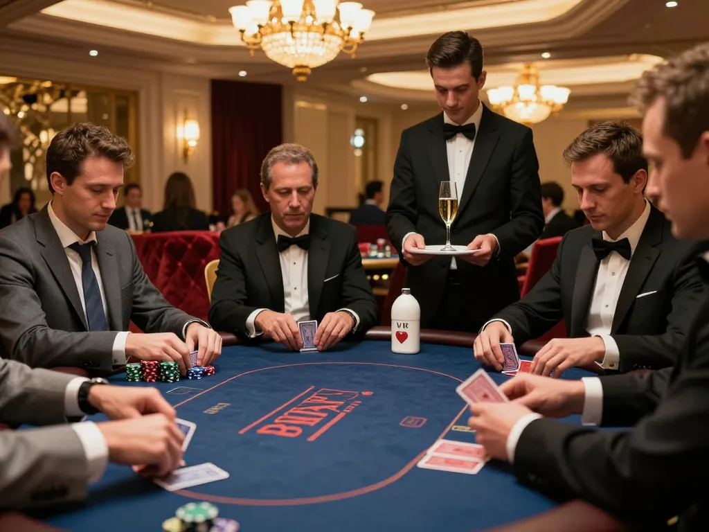 58winwin vip players strategizing at a luxurious poker table in an upscale casino.