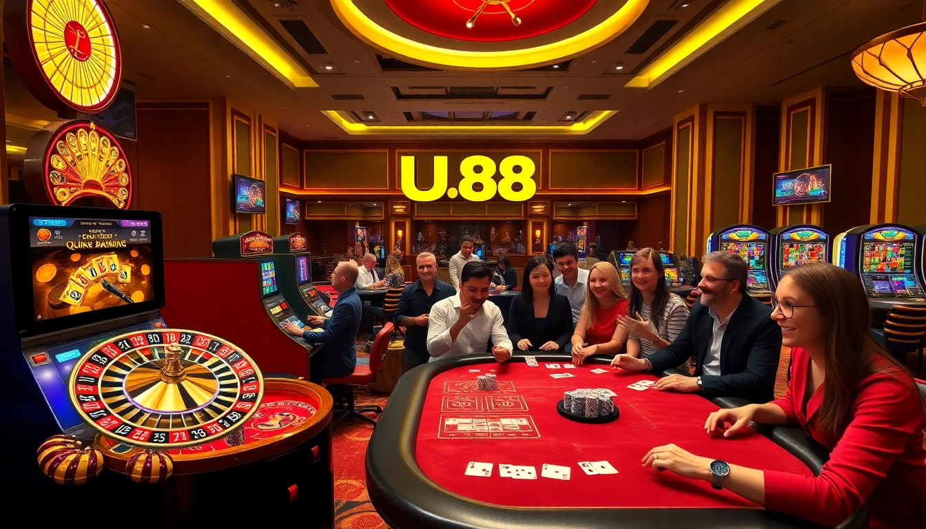 Players enjoying thrilling gambling activities at UU88 casino interface with vibrant tables.