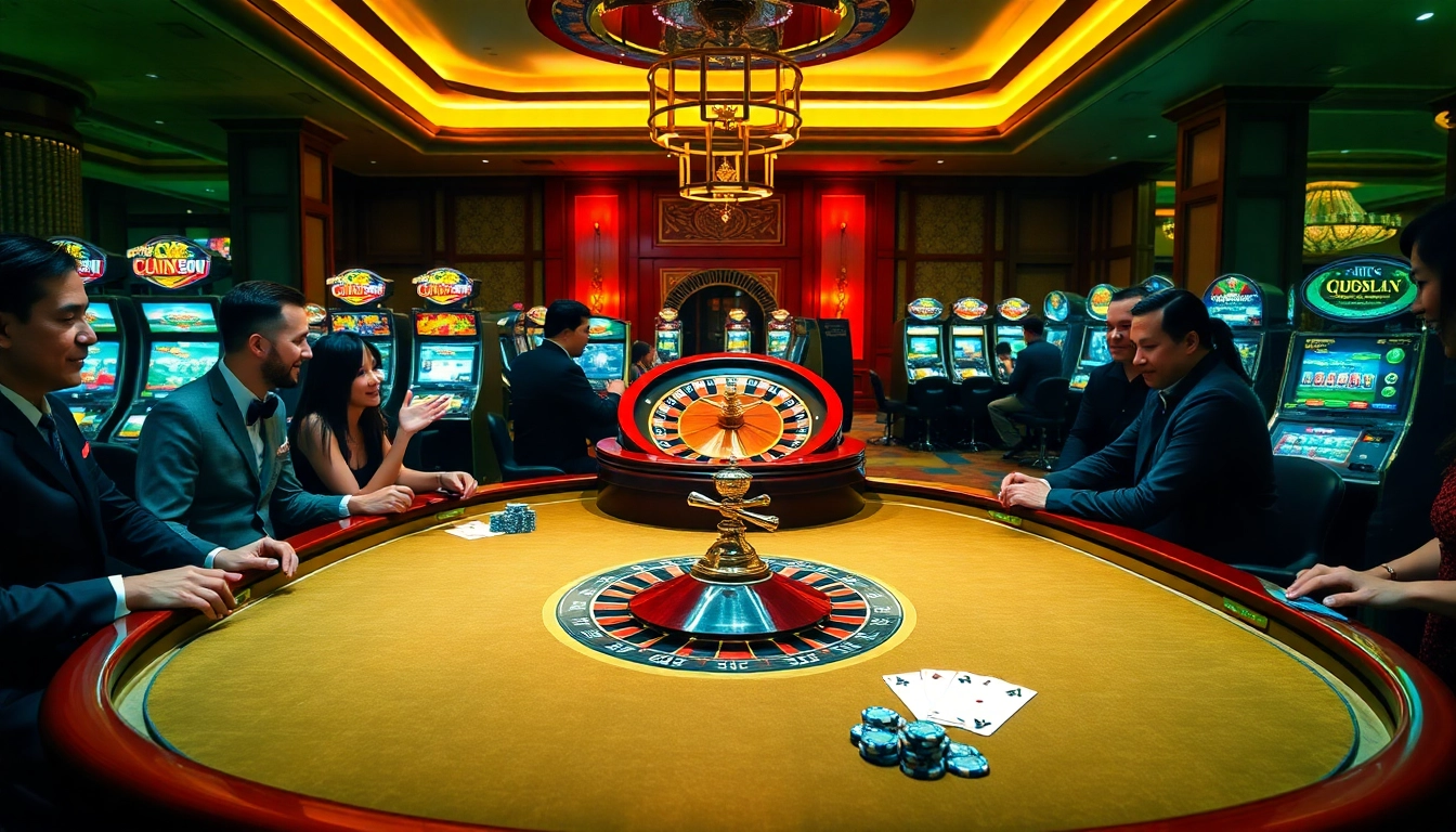Players enjoying a thrilling game at QQ88COM blackjack table in a lively casino atmosphere.