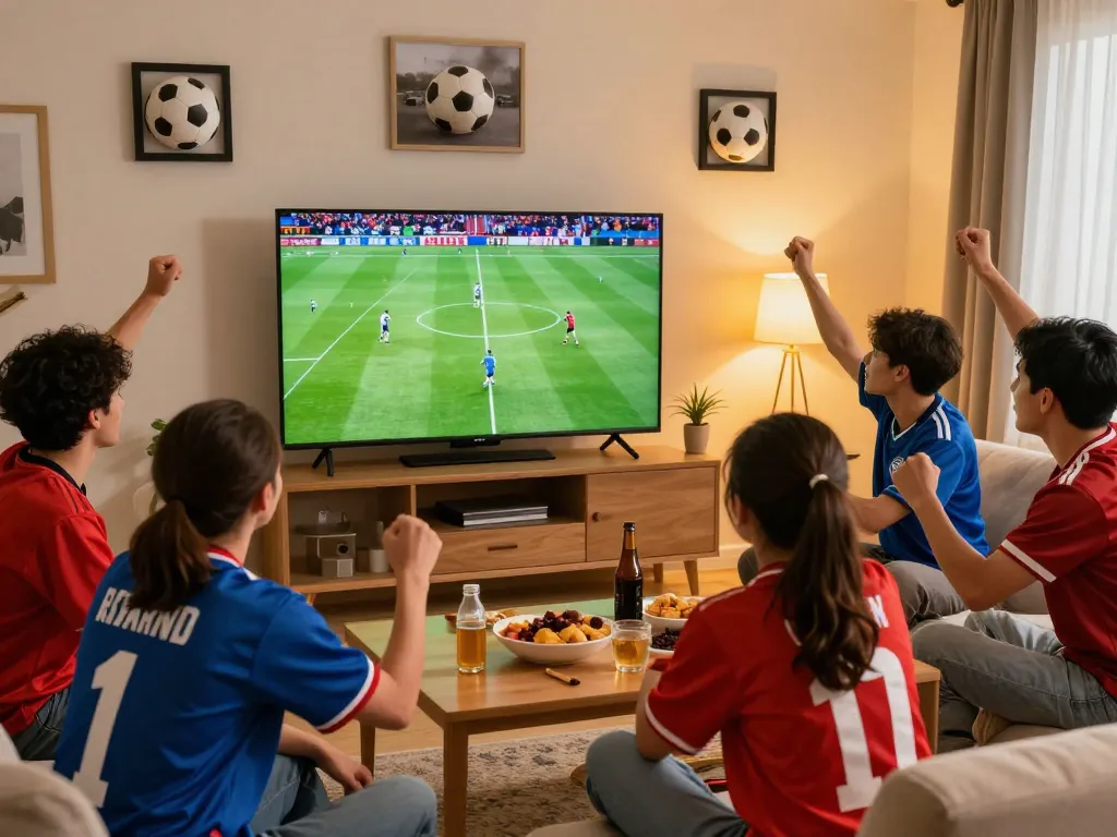 Exciting football match viewing at https://cakhiatvz.live/ with fans cheering around the TV, snacks and drinks create a lively atmosphere.