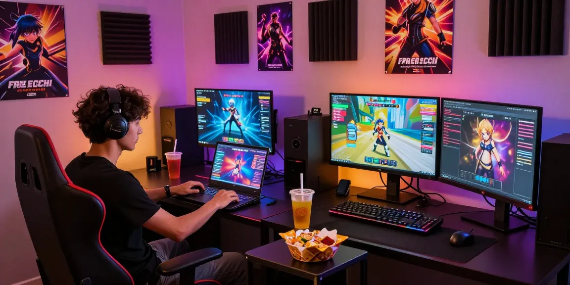 Exciting gaming lounge with a player enjoying free ecchi games on a laptop, vibrant LED lights.