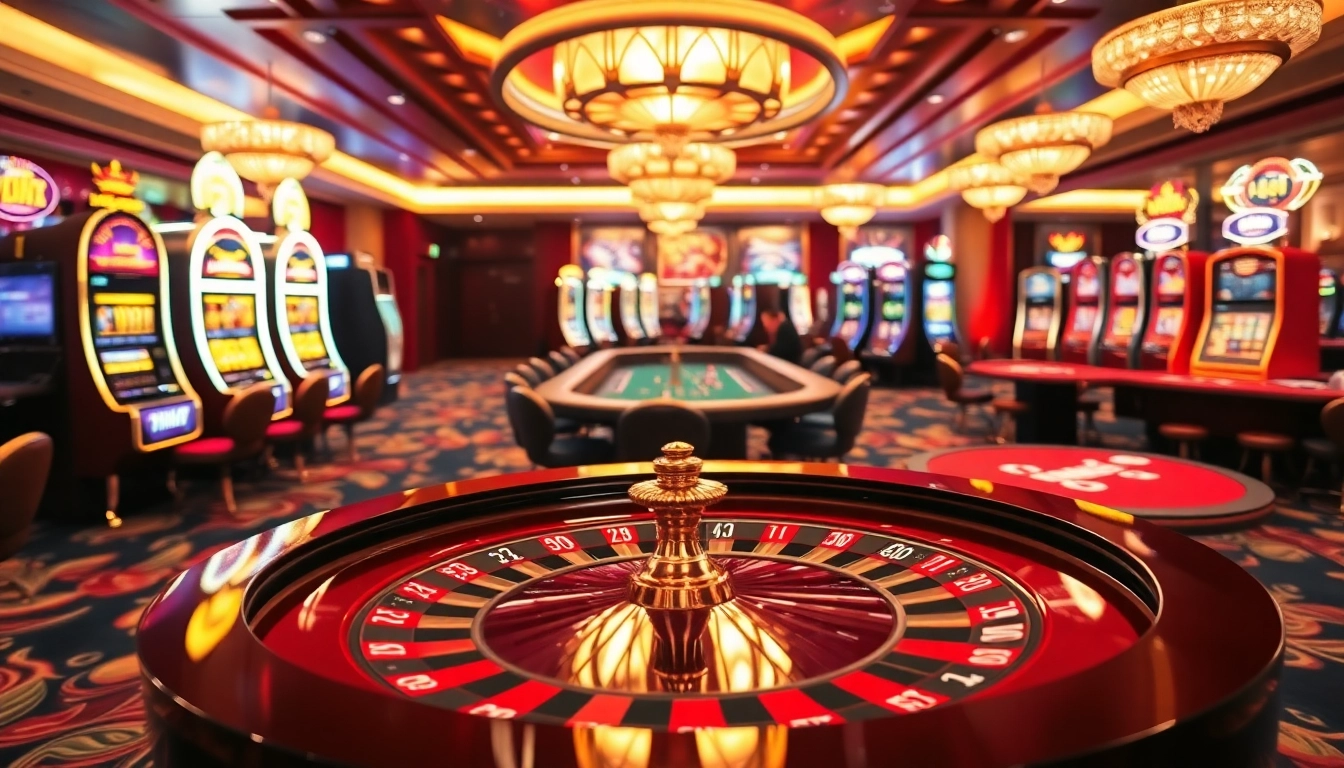 Winning excitement at https://1mm888.com/ in a luxurious casino with roulette and vibrant slot machines.