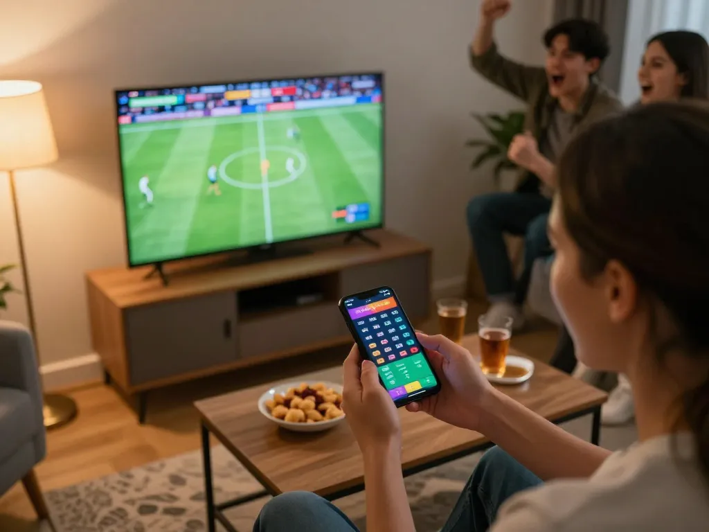 Engaging sports betting scene with live football match, betting on kết quả bóng đá through smartphone interface in a cozy home setting