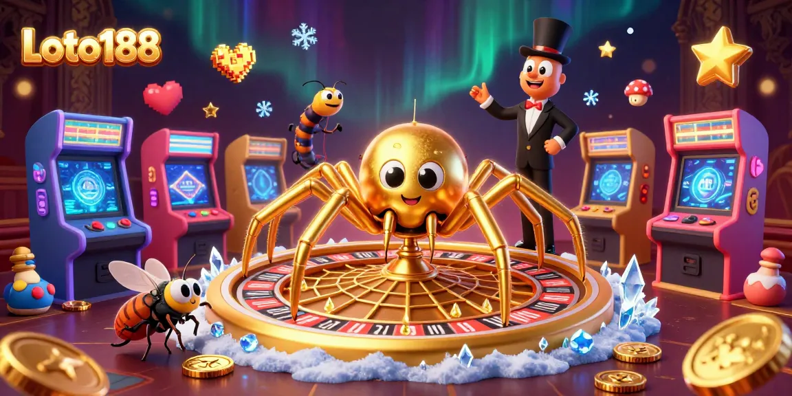 Loto188 showcases a 3D golden spider web roulette, highlighting bets in an immersive gaming scene.
