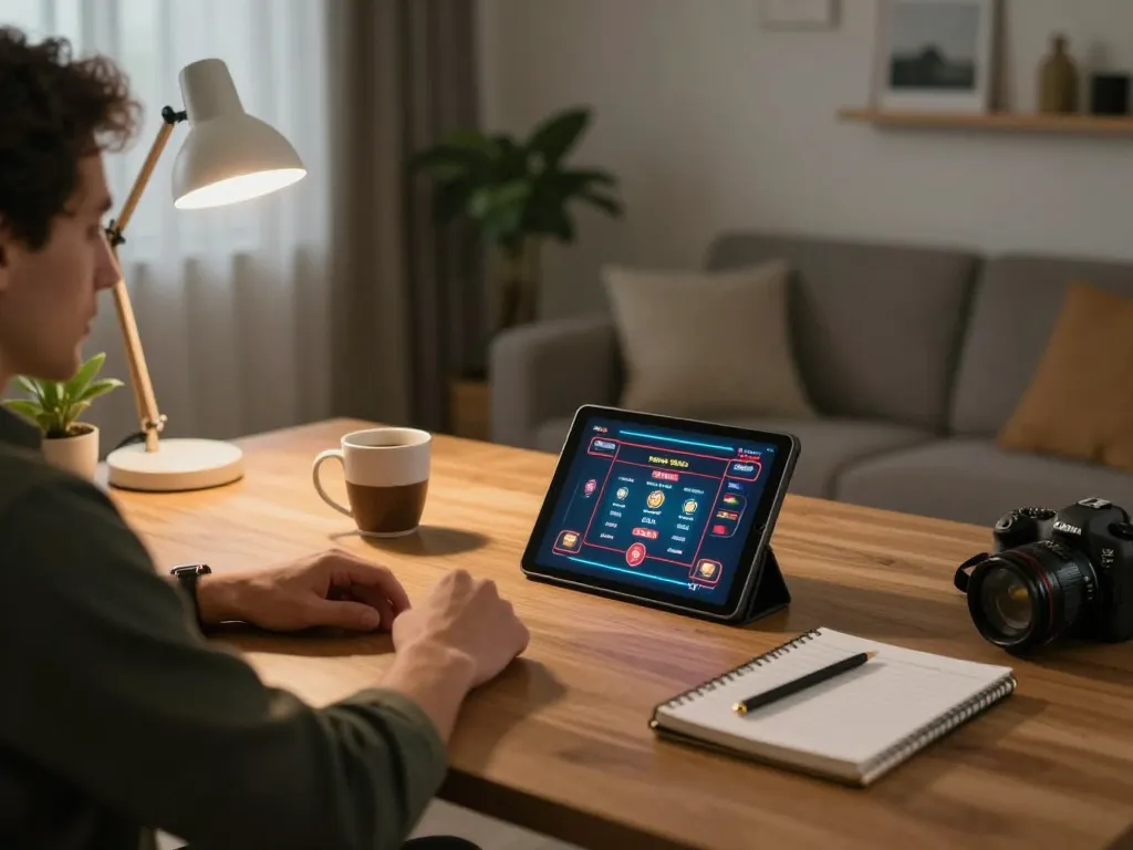 Person engaging with c1688 online casino on tablet, cozy home gaming atmosphere with strategy notes.