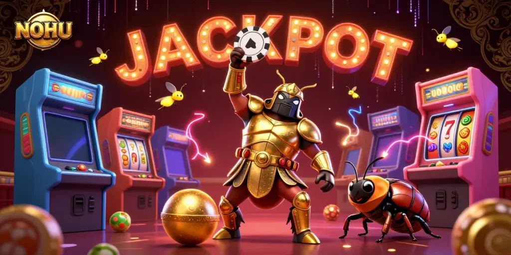 Experience the thrill at NOHU with a victorious beetle character celebrating at a vibrant casino.